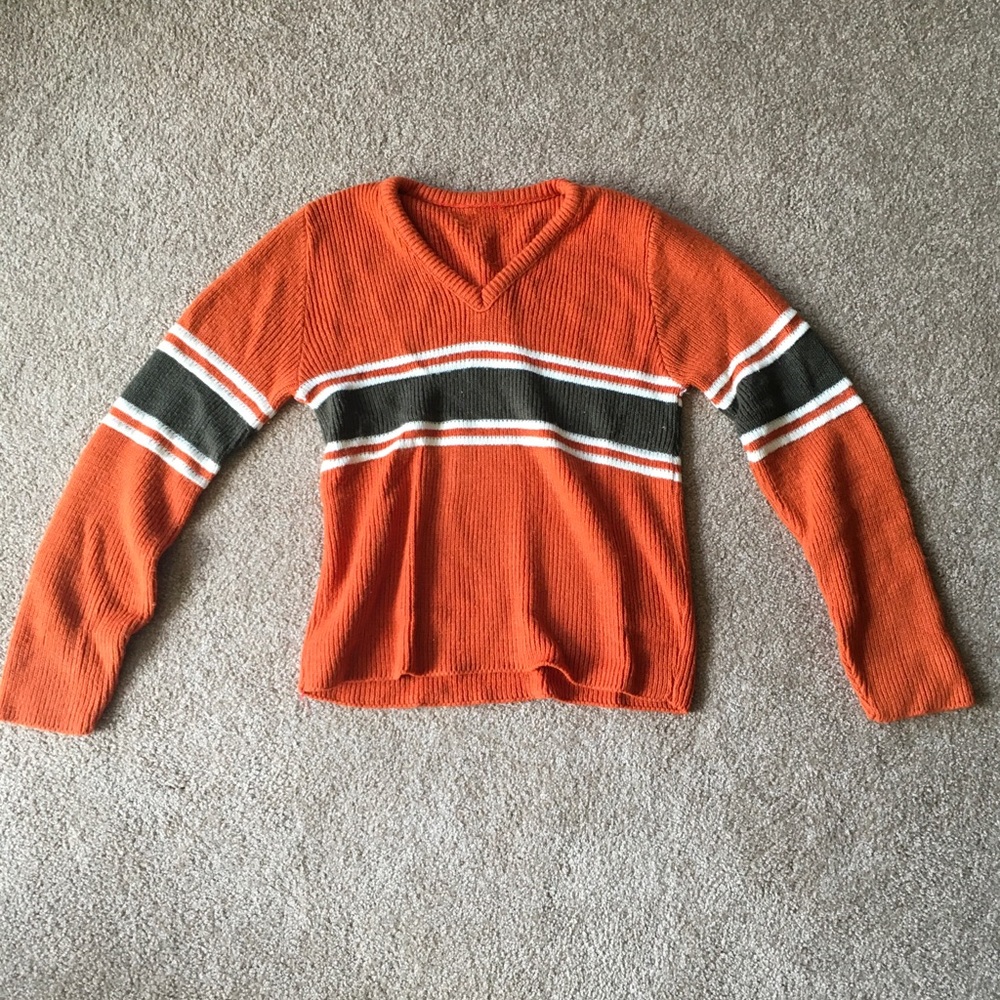 Orange grey and white v neck long sleeve sweater